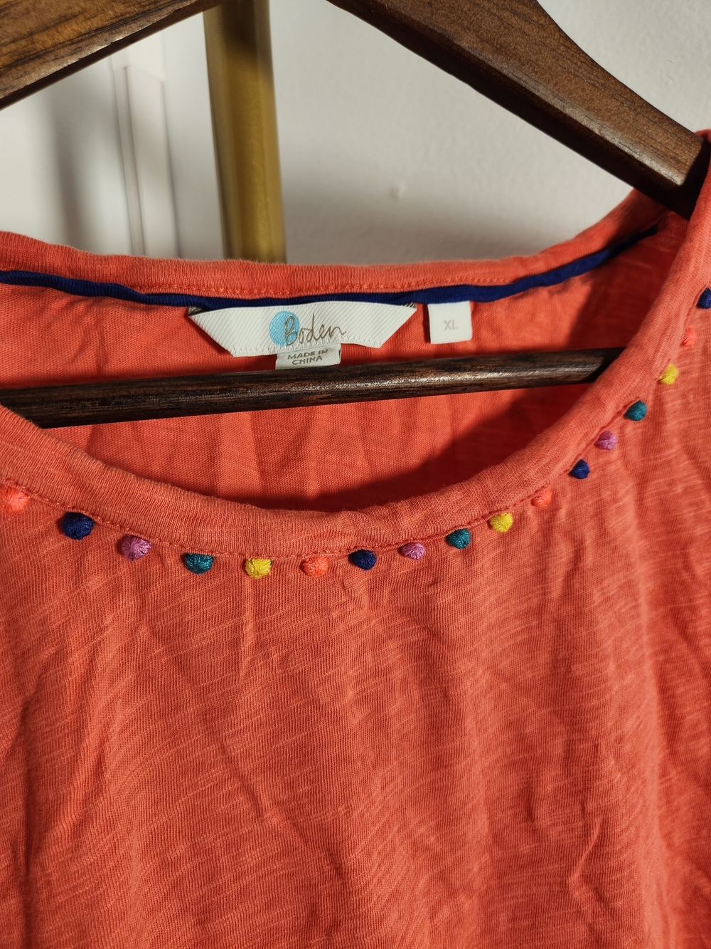 Boden Coral Tee with Rainbow Embroidered Trim